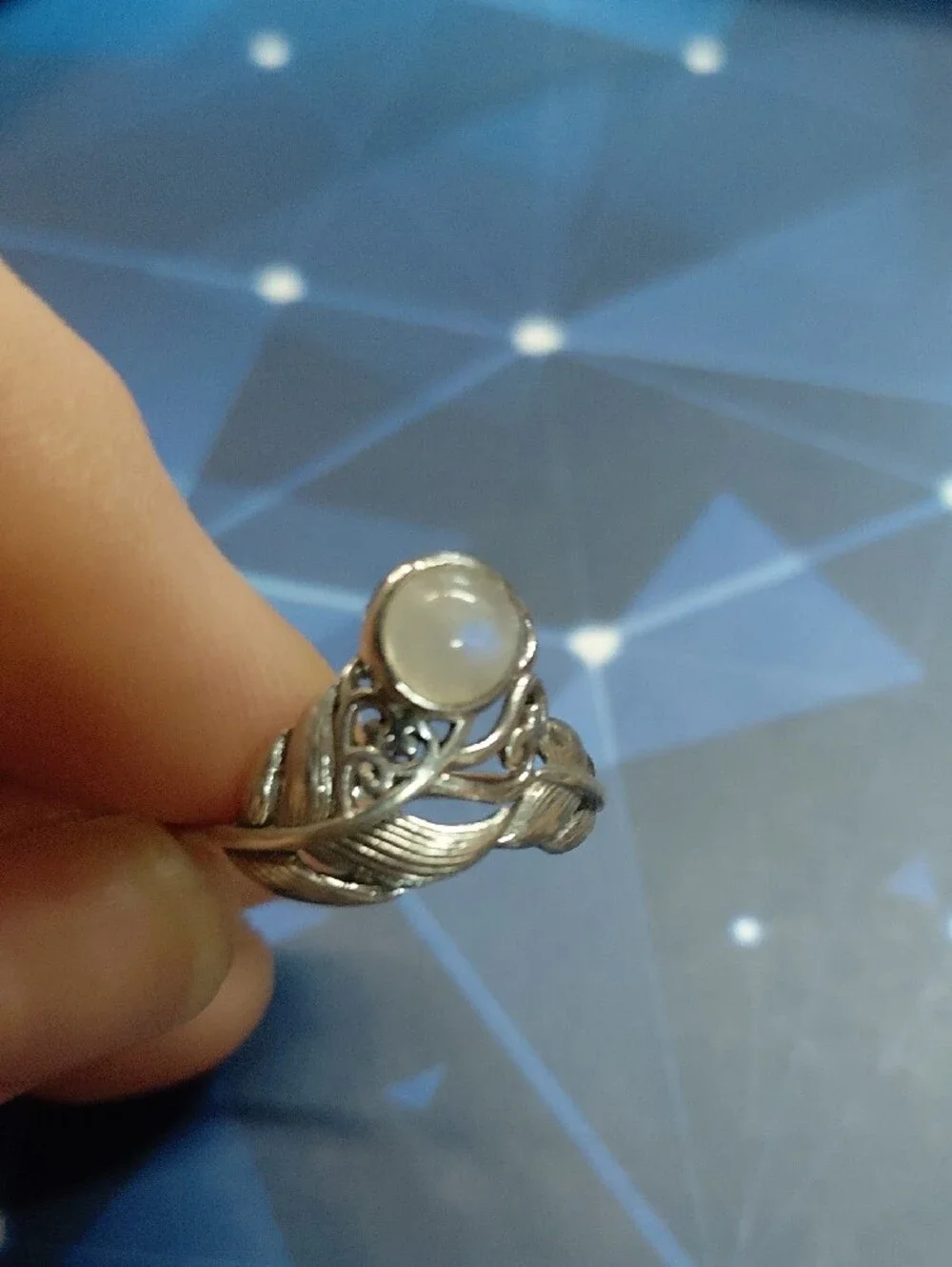 Sterling Silver Moonstone Ring - White Moonstone Leaf Design